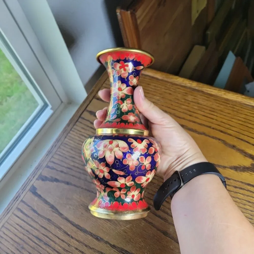 Vtg Chinese Cloisonne Enamel Vase Red Brass Floral Multicolor Flower Art 8